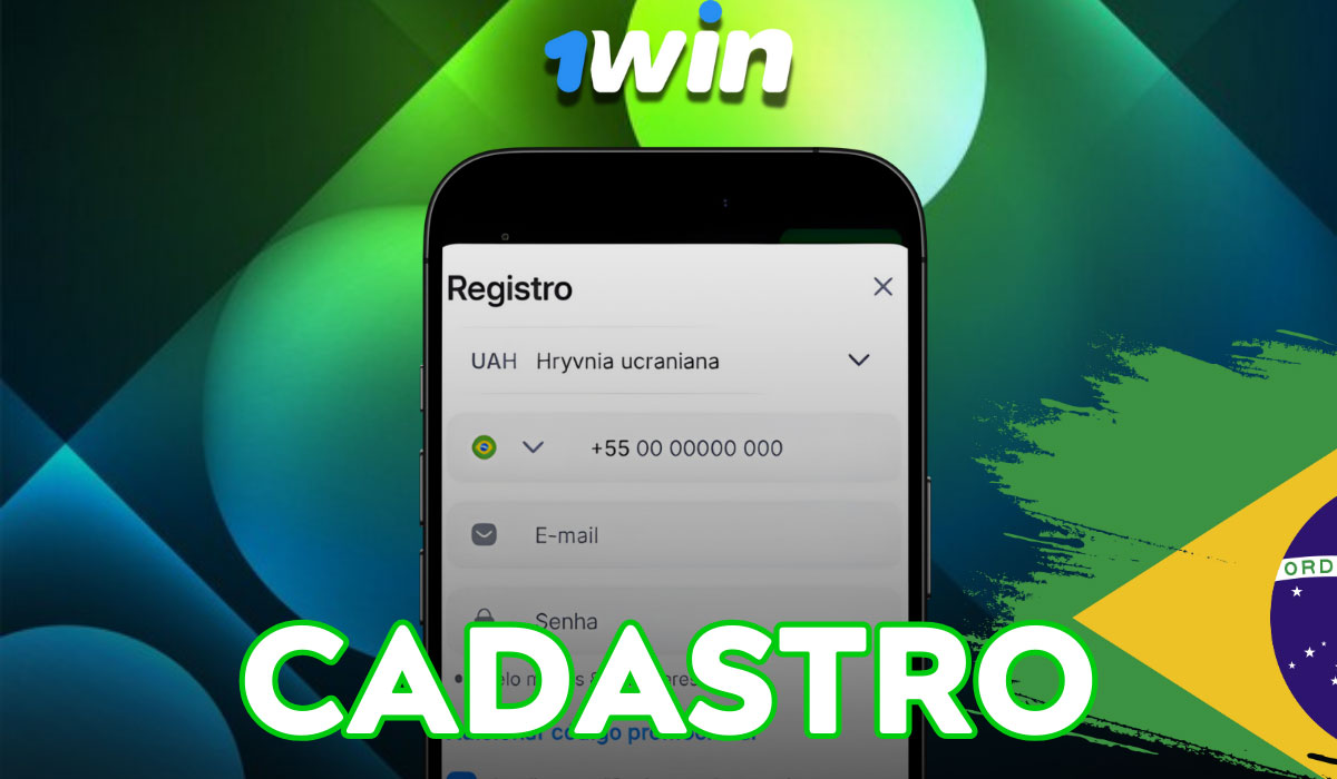 Ilustração do app mostrando cadastro: Cadastre-se, dados, CPF, BRL, termos, confirmação por e-mail/SMS e KYC.